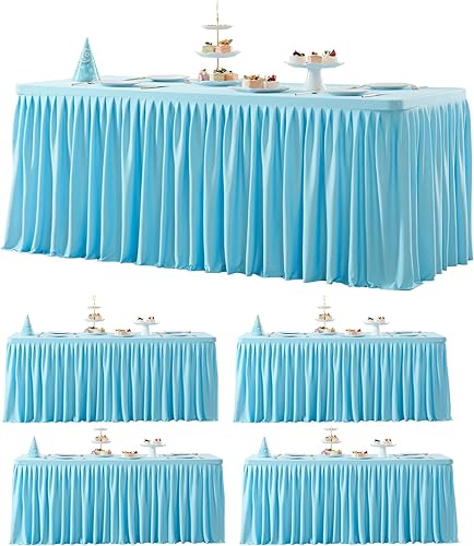 Miniatura 8 de Suppromo Mantel blanco de 6 pies con falda de mesa para mesas rectangulares, mantel elástico de 3 caras con volantes blancos para fiesta de