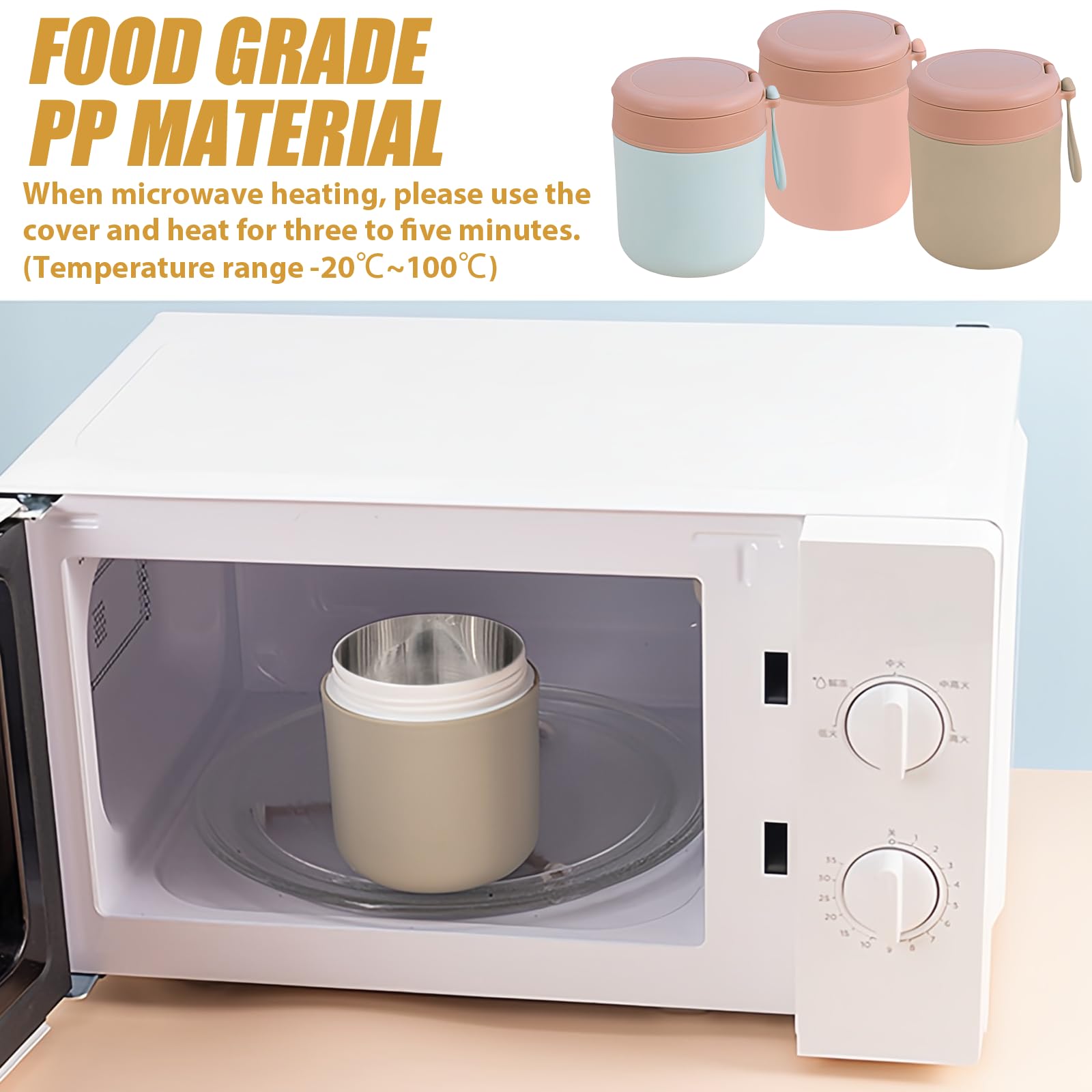 Recipiente térmico de acero inoxidable para comida: 3 cuencos térmicos con cuchara, 430 ml, aislados al vacío, termo para comida para niños, color azul, rosa y verde