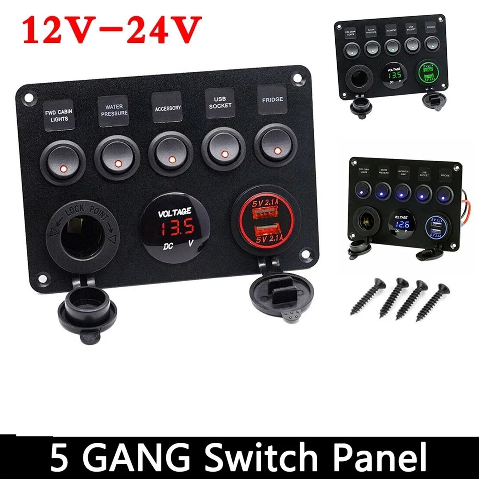 12V/24V 5-gniazdowa skrzynka bezpieczników liniowych Panel przełączników LED Podwójny USB Samochód Łódź Ciężarówka Kamper Cyfrowy wyświetlacz napięcia Niebieskie/Zielone/Czerwone światło LED(Green)