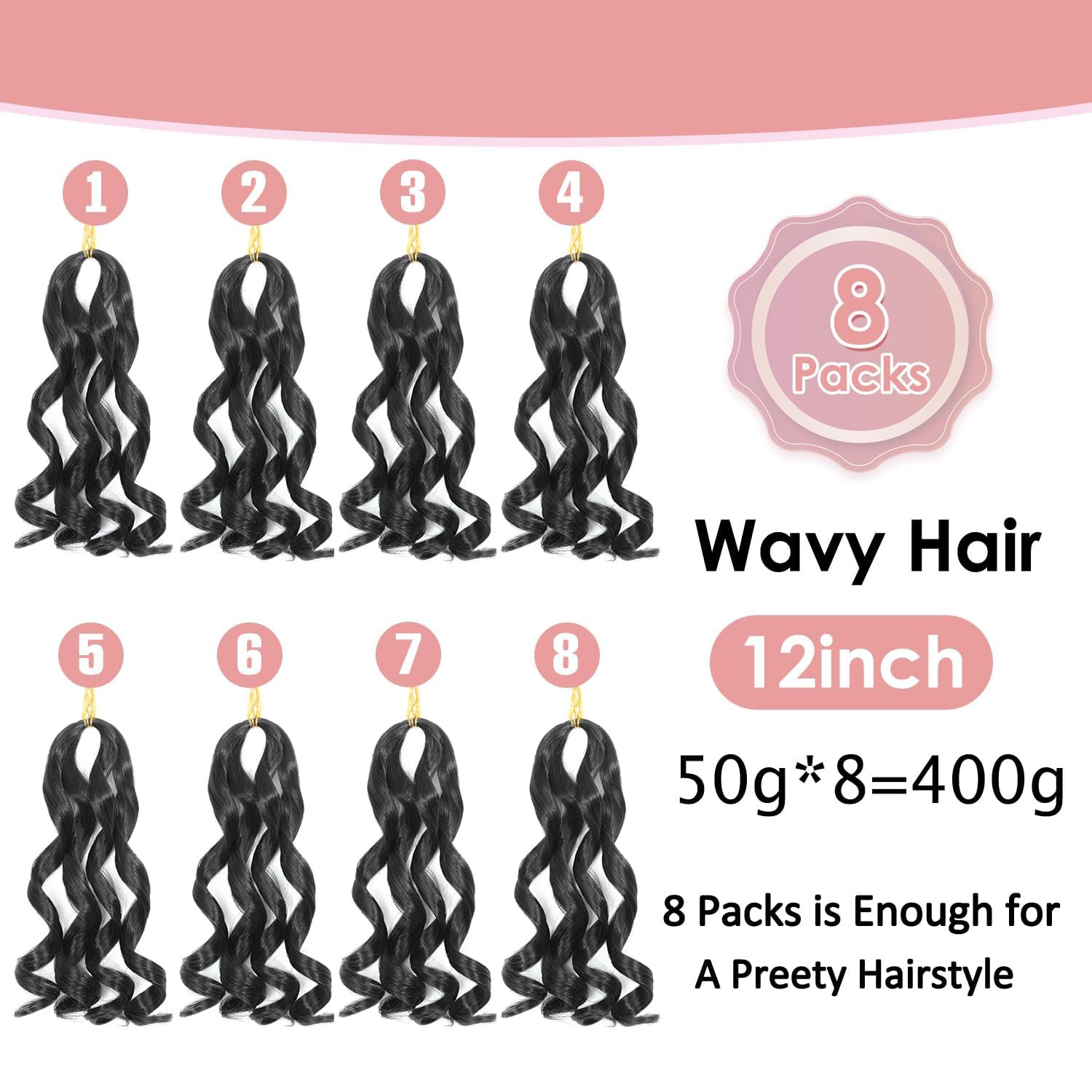 WoWCFyyds 8 Packs French Curl Braiding Hair 12 Inch Loose Wave Spiral Curly Braiding Hair Extensions 50g/Pack Soft French Curls Synthetic Hair Extensions for Braiding(1B) - Image 4