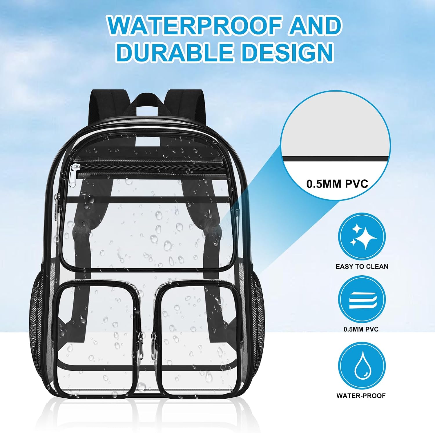 Busiuw Clear Backpack for School, Large Heavy Duty PVC Bookbag for Boys and Girls Women See Through Transparent Backpack (Black)