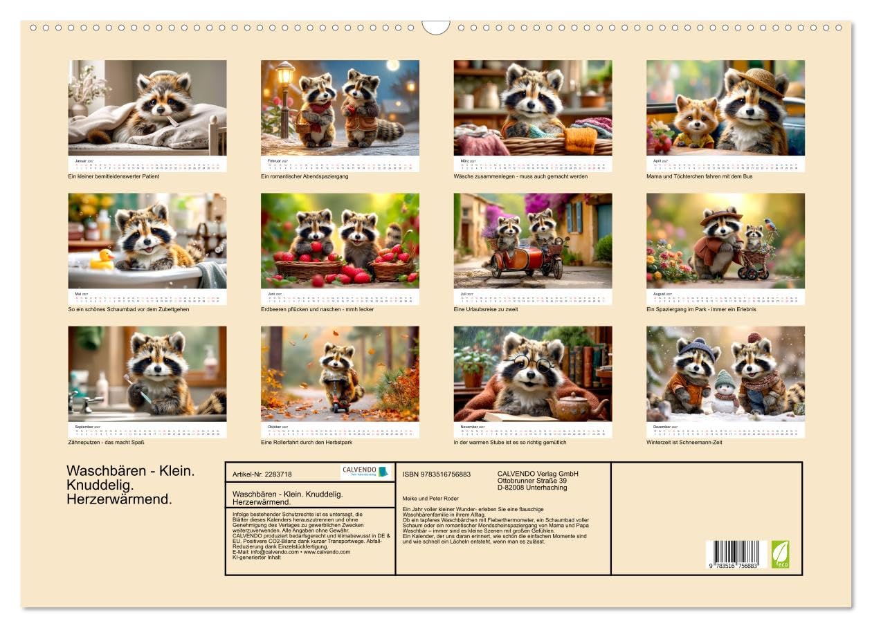 Waschbären - Klein. Knuddelig. Herzerwärmend. (Wandkalender 2027 DIN A2 quer), CALVENDO Monatskalender: Familienmomente - Kleine Szenen. Große Gefühle. (CALVENDO Tiere)