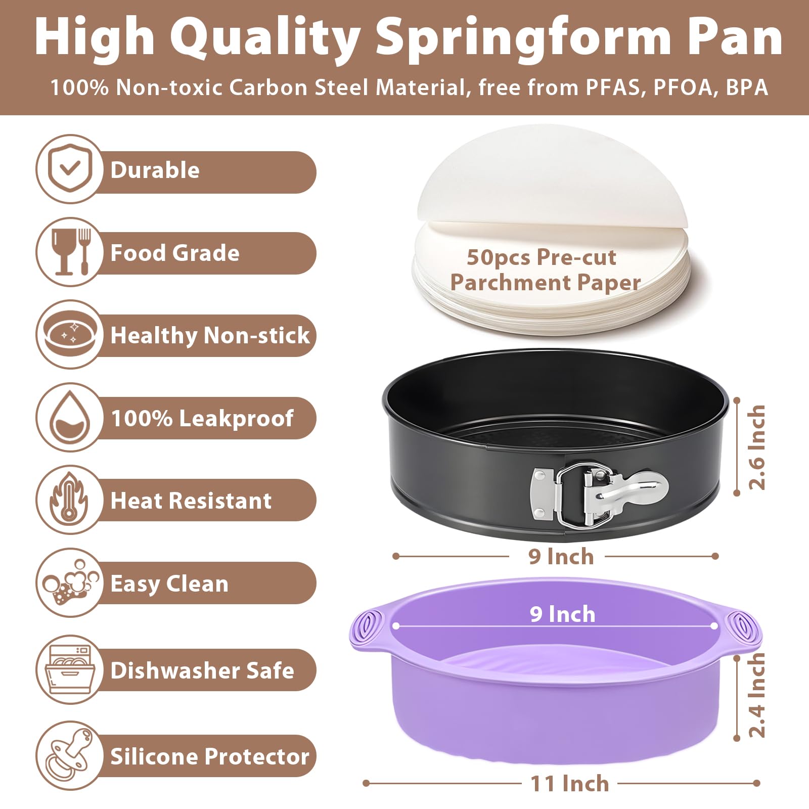 Springform - Molde antiadherente para tartas de queso de 9 pulgadas con protector, molde de resorte a prueba de fugas para tarta de queso, moldes redondos para pasteles de queso para hornear, molde de