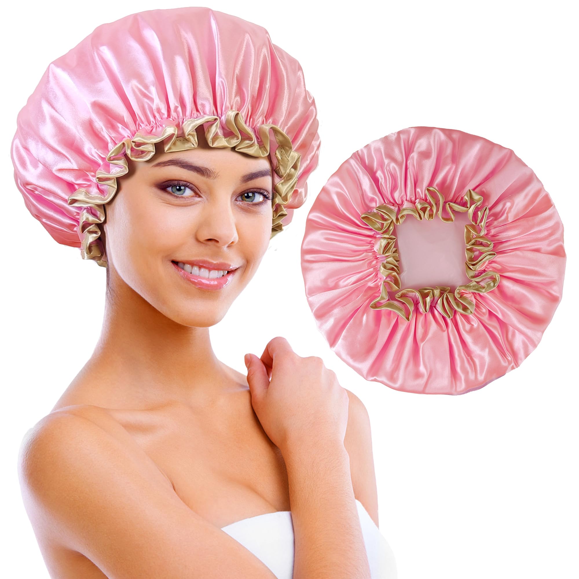 choshion Shower Cap Reusable Waterproof, Large Shower Cap for Women, Shower Caps for Braids Long Hair, Double Layer Satin Plastic Hair Cap for Shower