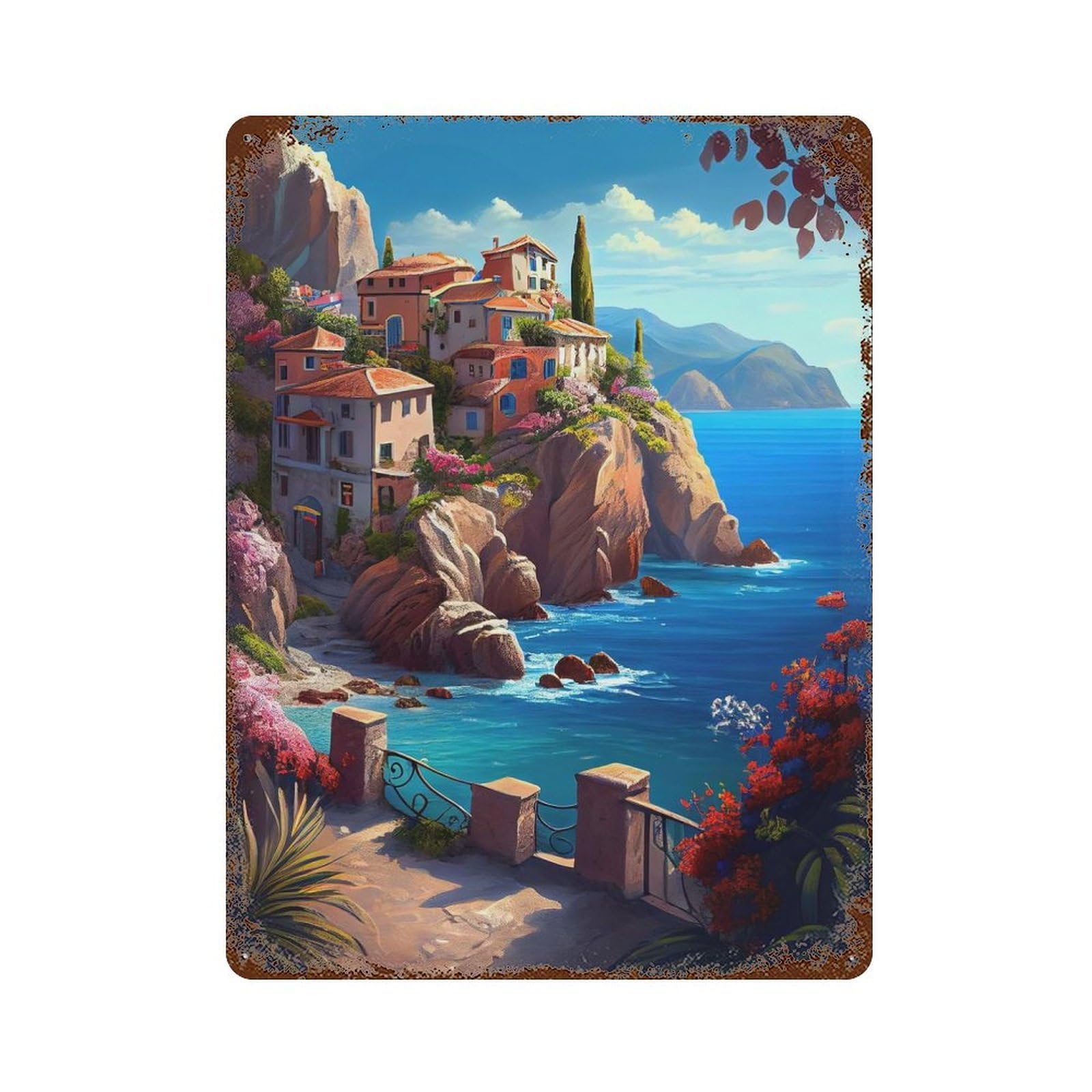 Decorative Tin Sign Mediterranean Coastline 15.7"x11.8", Vintage Wall Decor for Pub, Kitchen And Man Cave Decor