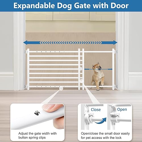 Miniatura 10 de Malier Puerta de metal para perros con puerta, puerta de perro expandible de 26 a 43 pulgadas de ancho, puerta corta para mascotas para escaleras y