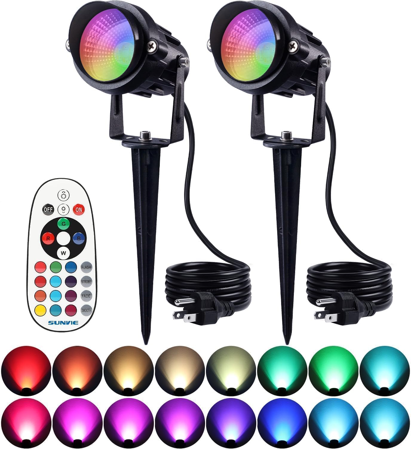 SUNVIE RGBW Halloween Spotlights Outdoor 12W LED Plug in Landscape Lights | Remote Control, IP65 Waterproof, Color Changing, 120V Outdoor Spot Lights for Yard Halloween Christmas Decorations 2 Pack