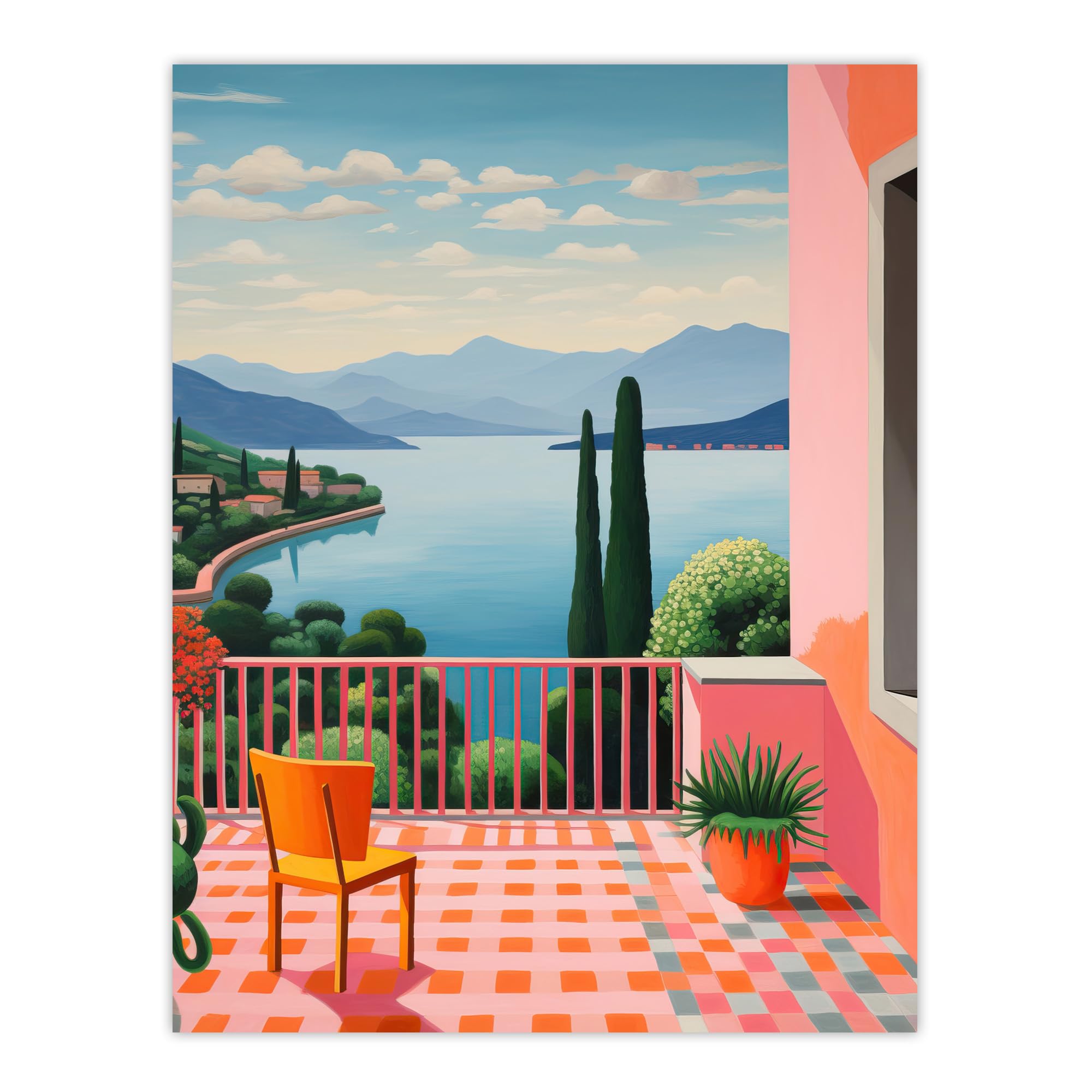 Wee Blue Coo A Veranda In Italy Oil Painting Blue Pink Green Peaceful Morning in Mediterranean Holiday Villa Extra Large XL Wall Art Poster Print