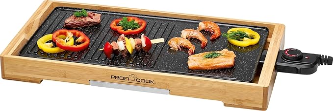 ProfiCook Teppanyaki-Grill | Grillfläche: ca. 51 x 25 cm | Grillen am Tisch| 2200 Watt | regelbarer Thermostat | antihaftbeschichte Grillplatte | Fettauffangbehälter | PC-TYG 1143 holz/schwarz