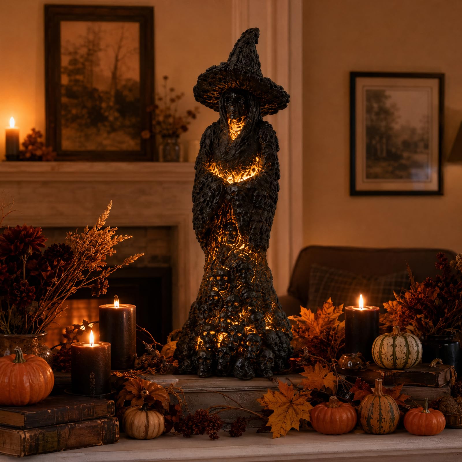 Black Skeleton Witch Ornament Halloween Decor, Autumn Witch Figurine With Light