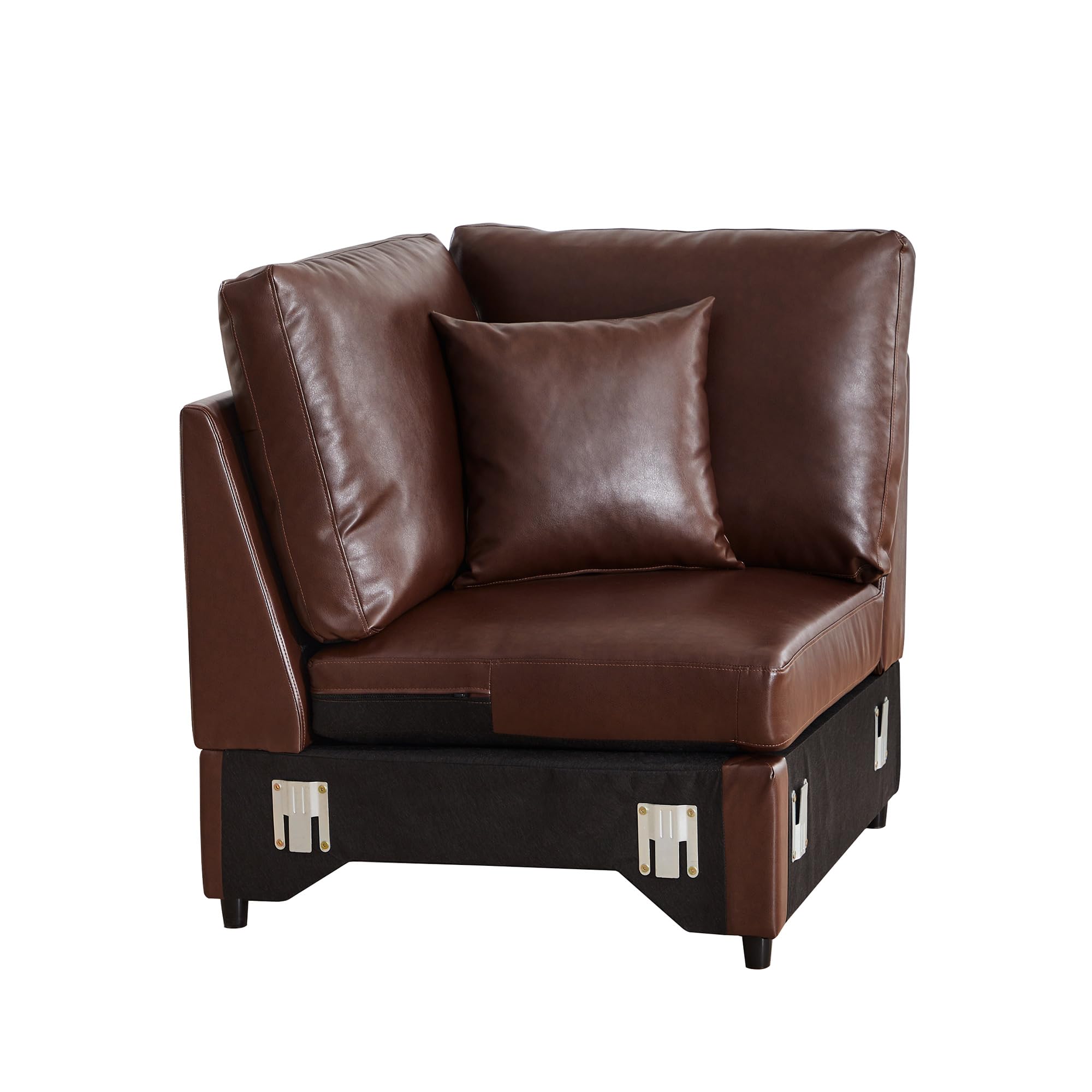 LEVNARY Modular Corner Chair, Faux Leather Upholstered Single Corner Seat for Sectional Sofas (Brown)