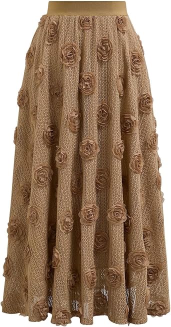 CHICWISH Womens 3D Rose Openwork Elastic Waist Cotton Casual Midi Skirt