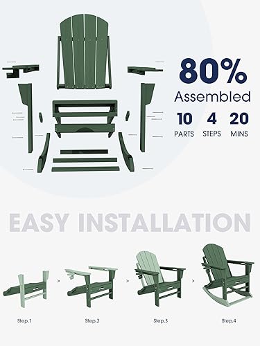 Miniatura 6 de KINGYES Adirondack - Mecedora con otomana retráctil y portavasos, silla mecedora Adirondack de HDPE para patio, porche, patio, balcón, verde