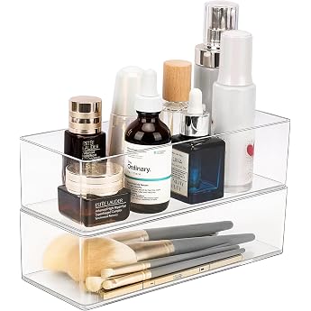 JessLab Drawer Organizer Acrylic Makeup Organizer Cosmetic Storage Jewellery Display for Desk Wardrobe Bathroom Washbasin Worktop Transparent 1 + 1