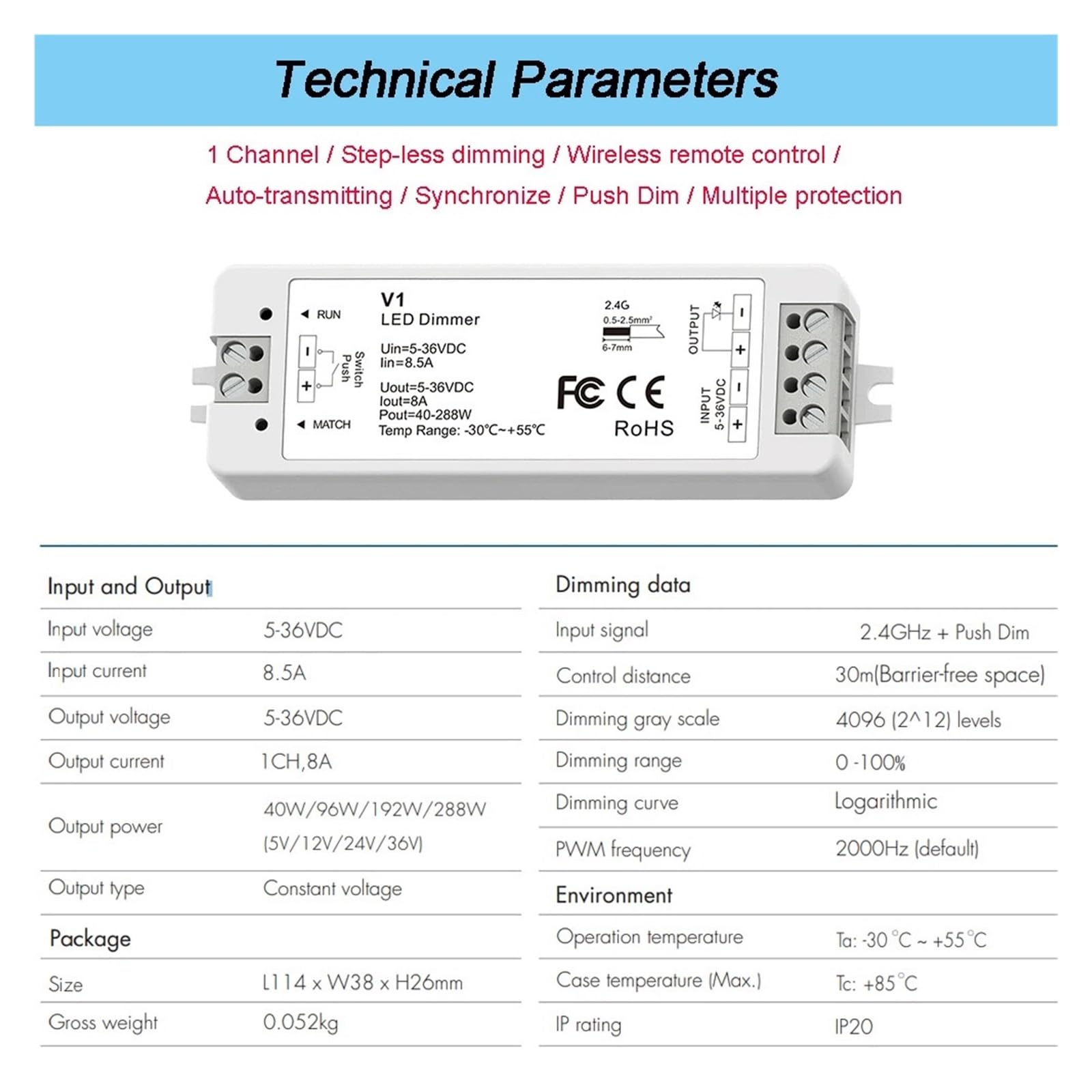 Atenuador LED 12V 24V 5V 36V 288W PWM Interruptor de control LED con control remoto táctil de brillo 2.4G for tiras de luz de un solo color(1x V1 and R11)