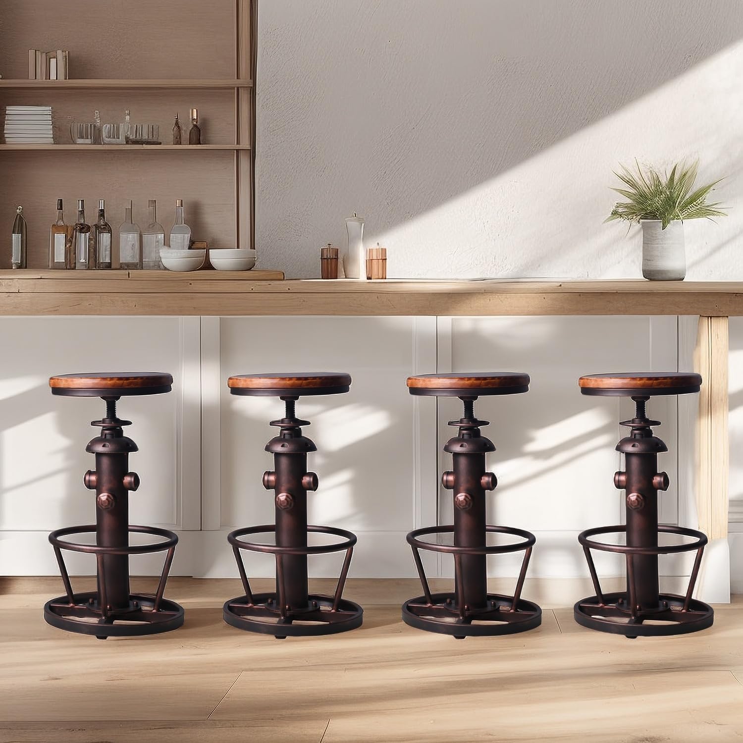 Vintage Swivel Bar Stool Industrial Coffee Kitchen Dining Chair Fire Hydrant Design Height Adjustable 24.8-30.7inch Solid Wooden Seat