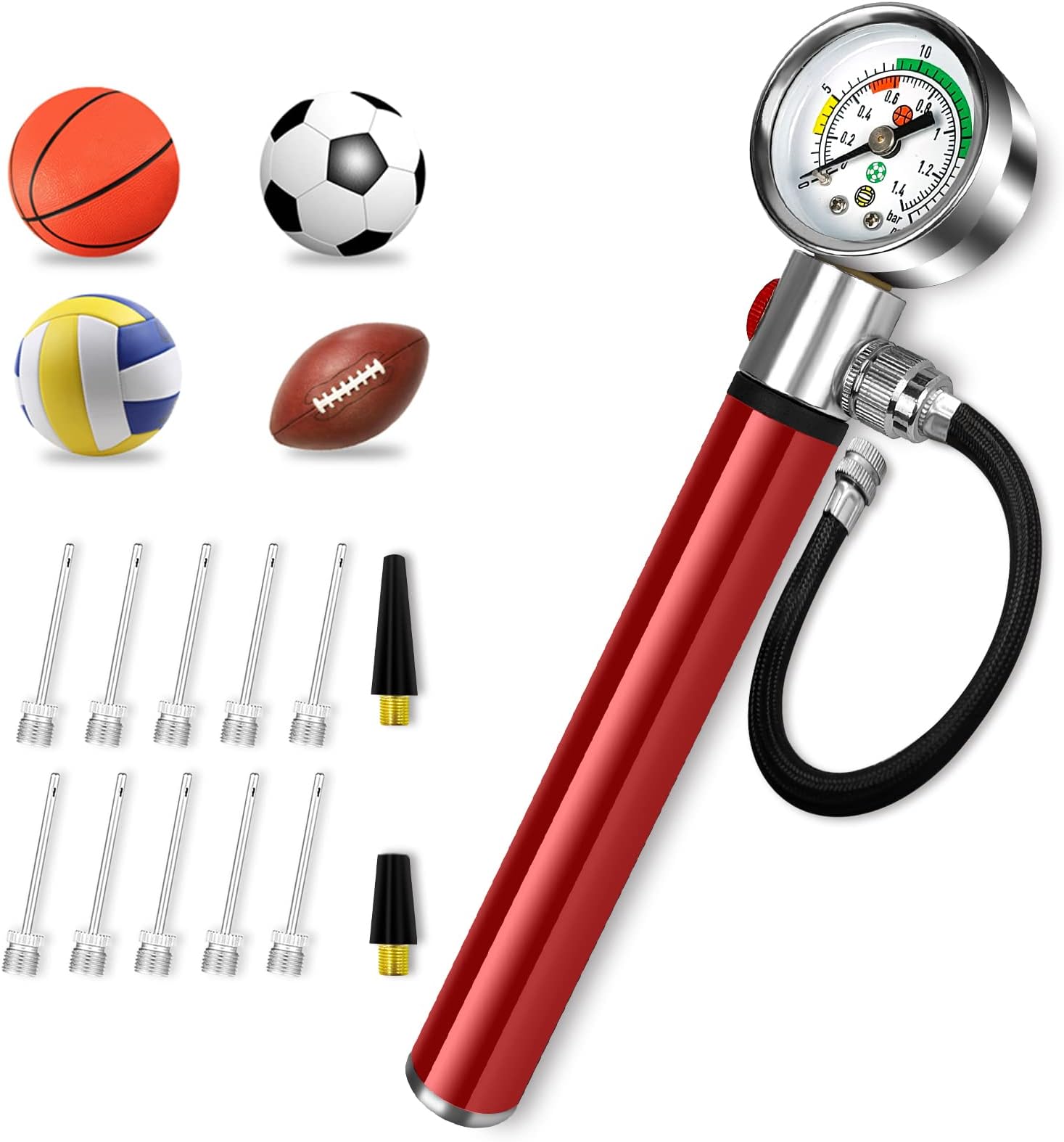 ONG NAMO Ball Pump with Pessure Gauge for Sports Ball Pressure Release, Hand Air Pump for Balls with 10 Needles & 2 Nozzles, Basketball Soccer Ball Volleyball Rugby Pump