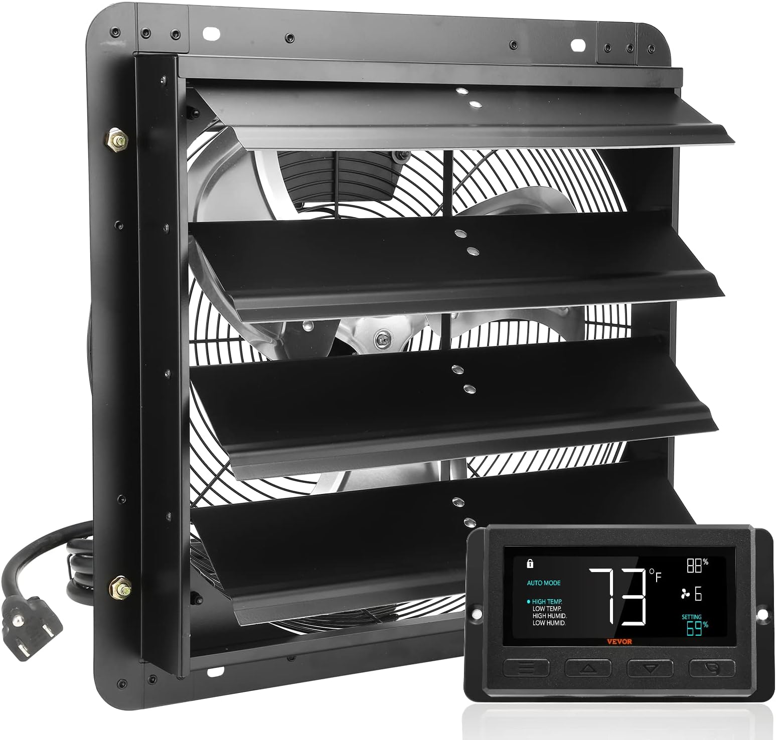 VEVOR 16" Shutter Exhaust Fan with Temperature Humidity Controller EC Motor 2650CFM 10 Speed Adjustable Wall Mount Attic Fan Ventilation and Cooling Greenhouse Garage Shed ETL Certified