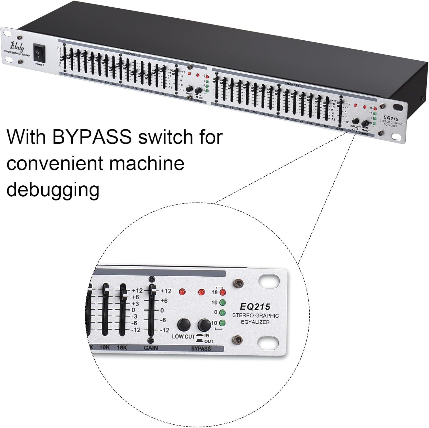 Close-up of the BYPASS switch and gain controls on the equalizer