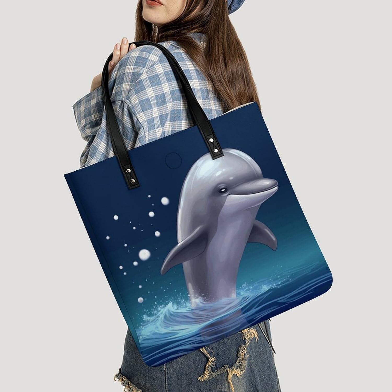 Cute Sea Animal Dolphin Handbags Large Capacity, Tote Bag Stylish Slouchy, Shoulder Bags for Work Beach Travel And Shopping Grocery.