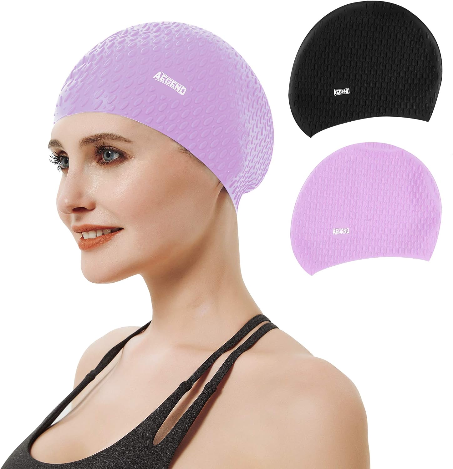 Aegend Swim Cap for Women and Men, 2 Pack Silicone Swimming Caps for Long Hair, Swim Caps with Non-Slip Texture and Excellent Elasticity, Easy to Put On and Off