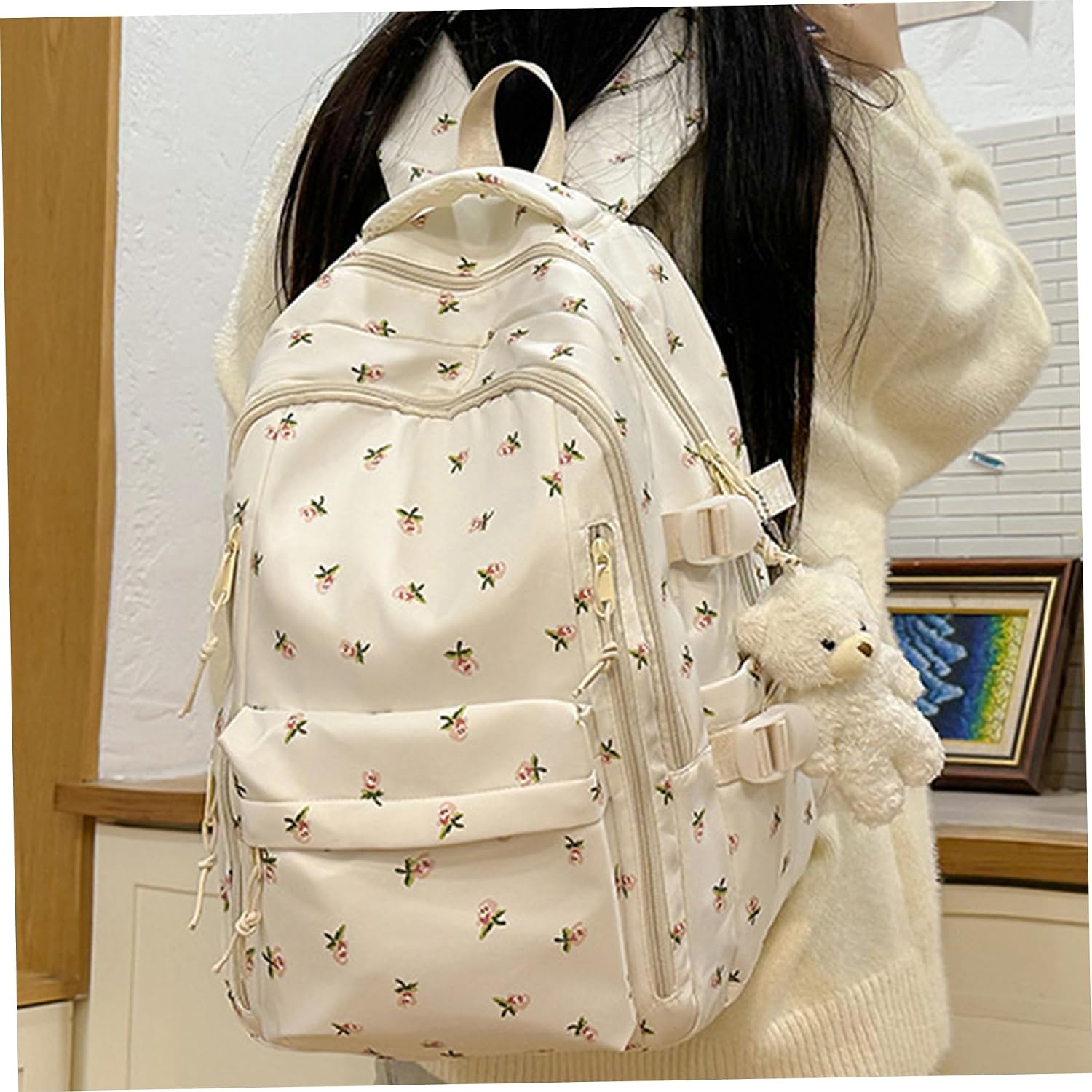 Floral Rose Backpack Large Capacity School with Bear Pendant for Women