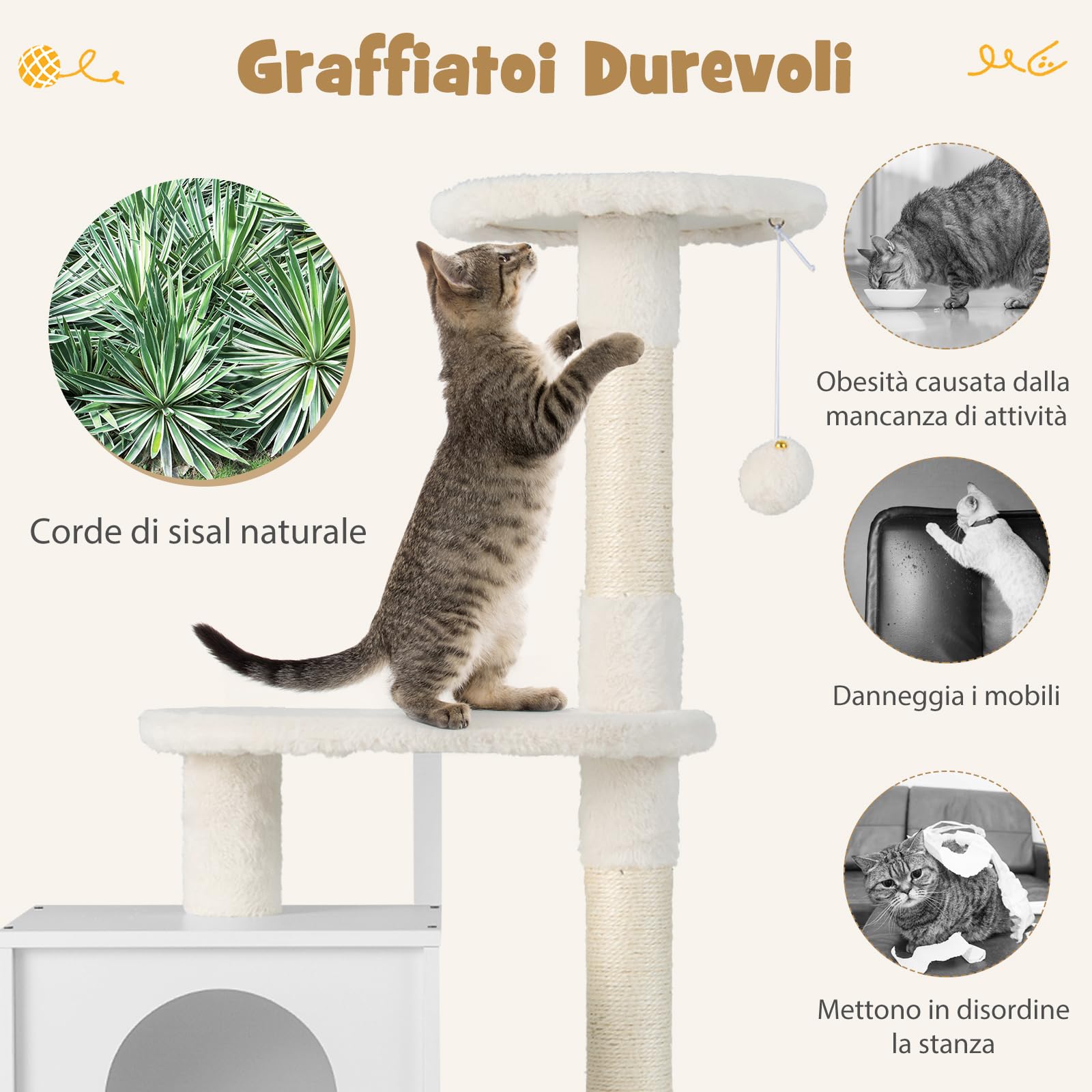 COSTWAY Tiragraffi per Gatti Adulti con Rifugio ad Ante Nascosto, Torre per Gatti con Cuccia, Piattaforma, Cuscini e Tiragraffi, Albero per Animali Grandi Alto in Legno, 77,5 x 49 x 132 cm (Bianco)