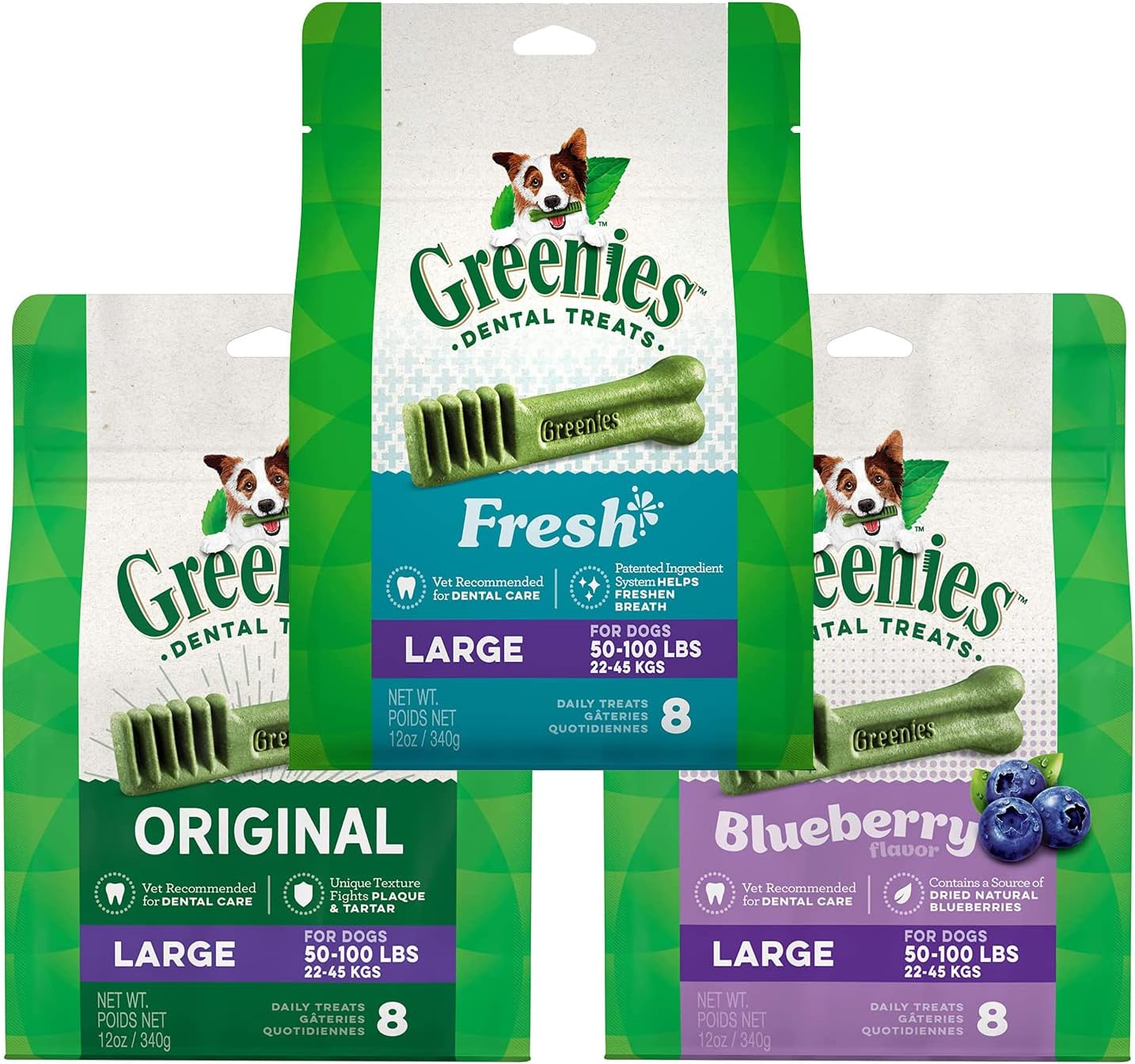 Greenies (3 Pack) Large Natural Dental Dog Treats, 12oz Each Flavor: Original, Fresh and Blueberry