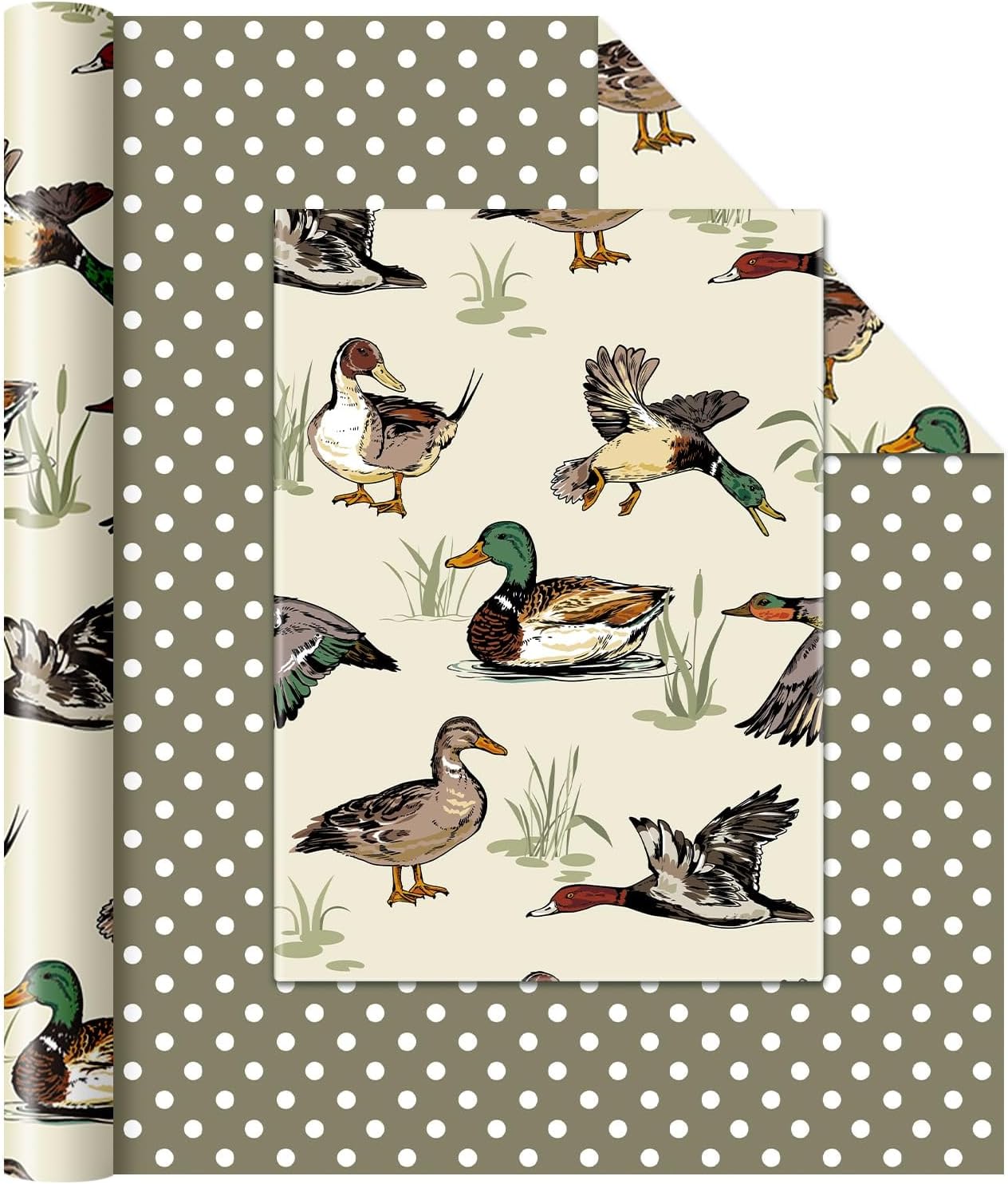 WERNNSAI Mallard Duck Wrapping Paper Roll - 1 Roll 17” x 33 ft Watercolor Animal Gift Wrap for Summer Birthday Baby Shower Cute Duck Green Polka Dot Design