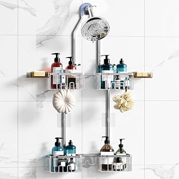 Aluminum Hanging Shower Caddy, Adjustable Over Shower Head Organizer, White