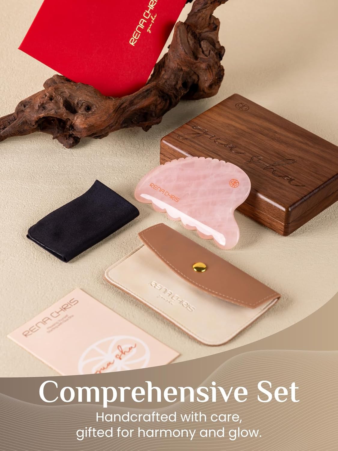 Rena Chris Gua Sha Facial Tool, Natural Rose Quartz Stone Body Gua sha with Exquisite Wooden Box, Large Guasha Suitable for Face Lifting, Puffiness Reducing and Whole-Body Massage, Skin Care Massager - Image 4
