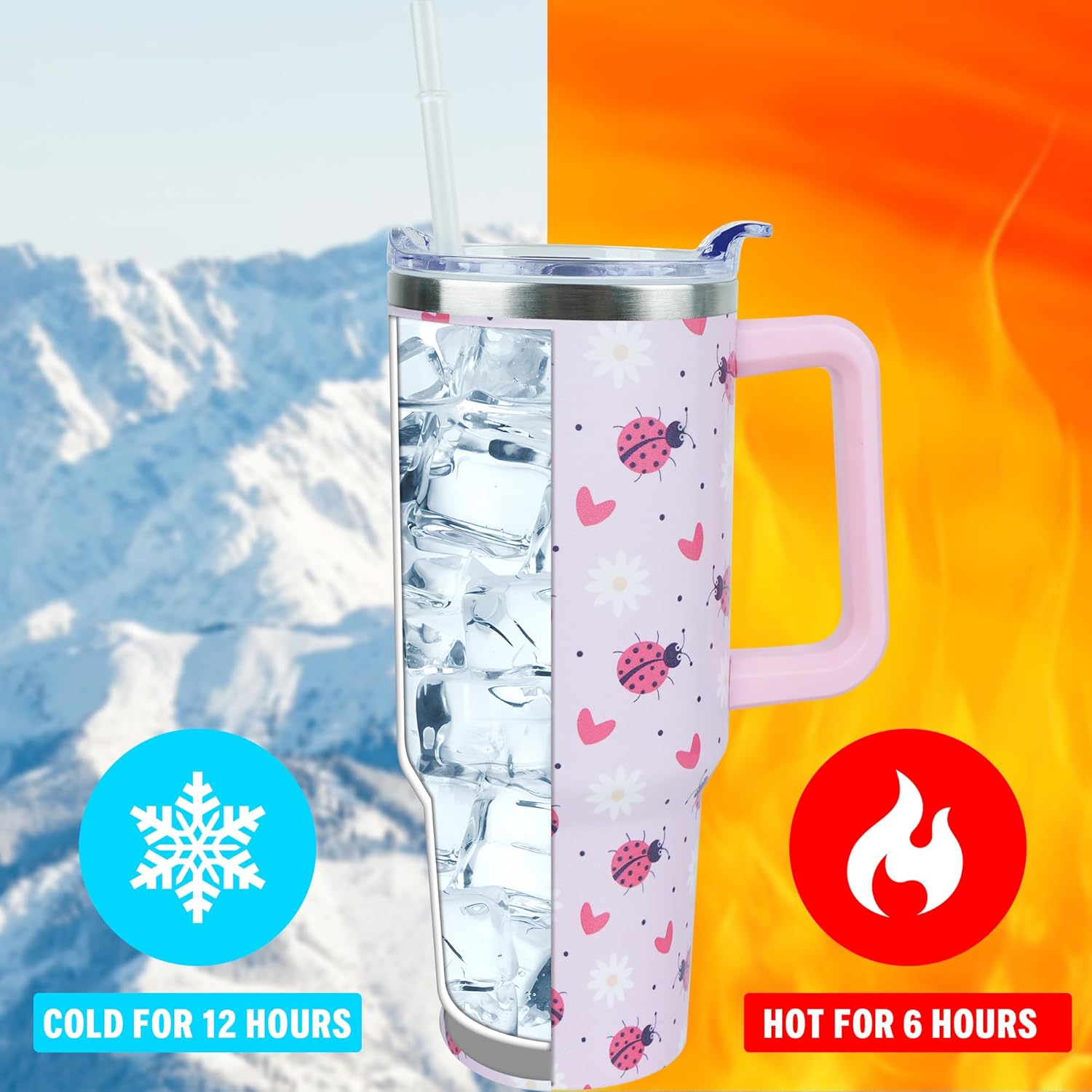 40 oz Cute Daisy Ladybug Tumbler with Handle and Straw, Stainless Steel Insulated Cup with Lid and Straw, Travel Mug Water Bottle, Gifts for Women - Image 2