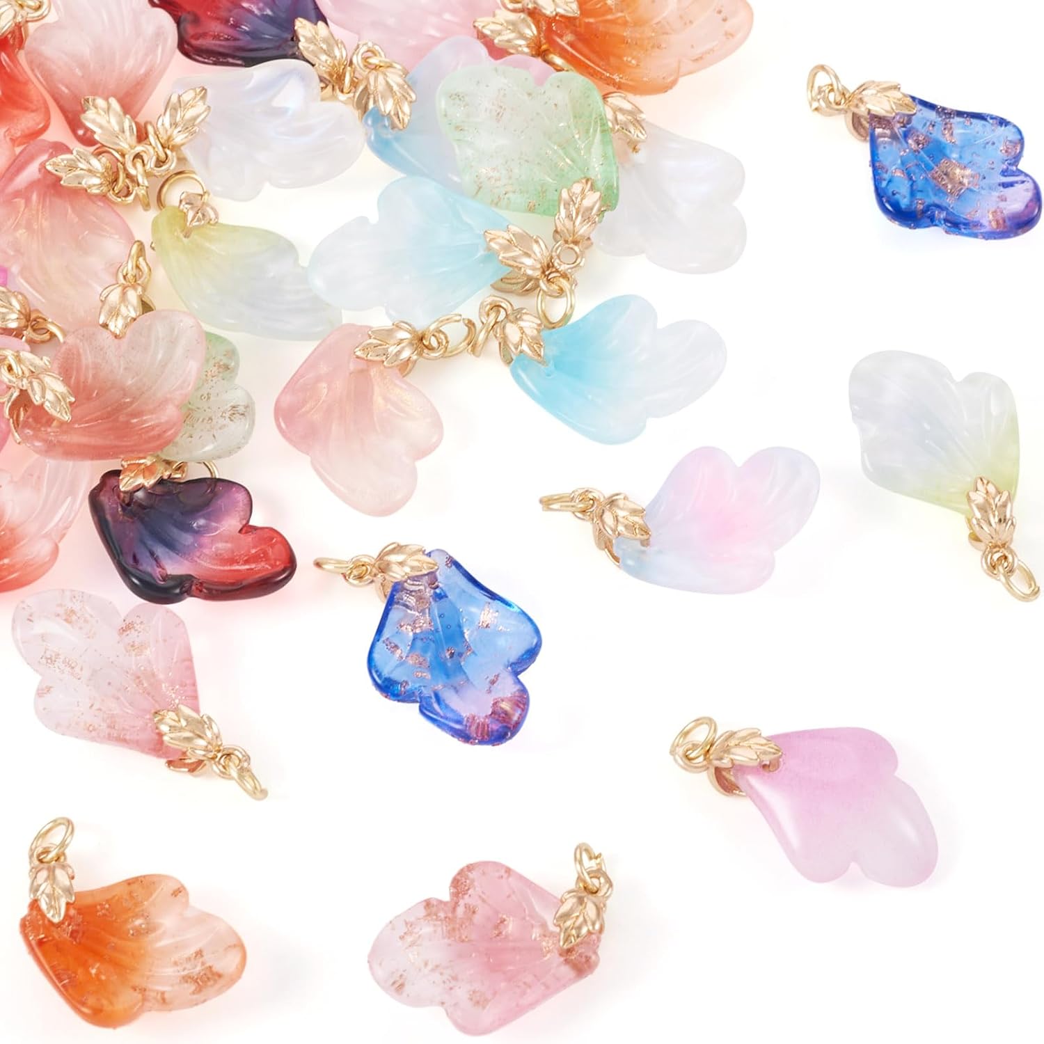 Beadthoven 28pcs Leaf Glass Pendants 14 Colors Lampwork Glass Crystal Charms Colorful Leaves Charms Dangle Drop Beads with Golden Clasps Findings for Jewelry Making Necklace Earrings DIY Crafts - Image 7