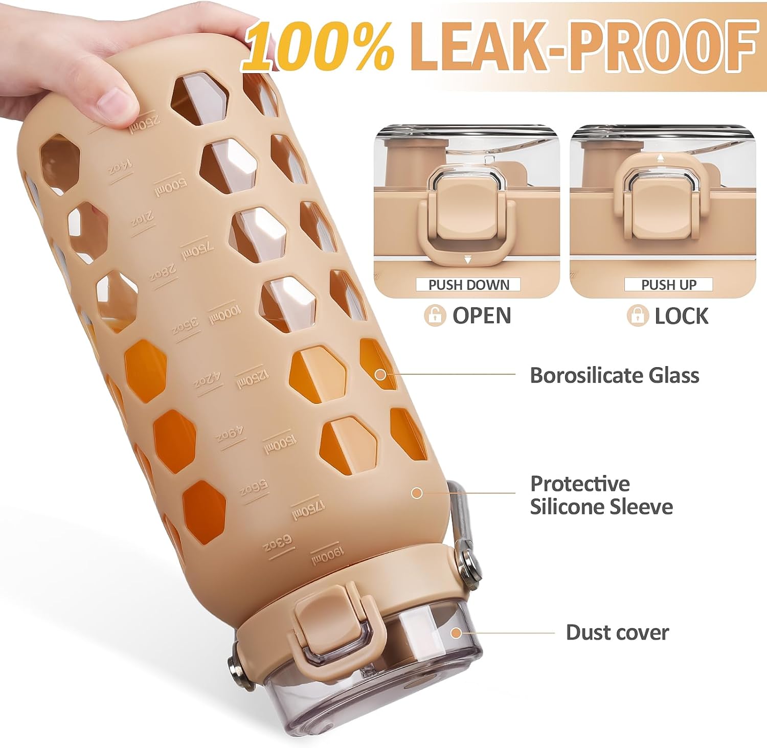 MUKOKO 64oz Glass Water Bottles with Straw and Lid,Half Gallon Water Bottle with Time Marker,Large Glass Water Jug with Silicone Sleeve and Stainless Steel Handle-Amber - Image 4