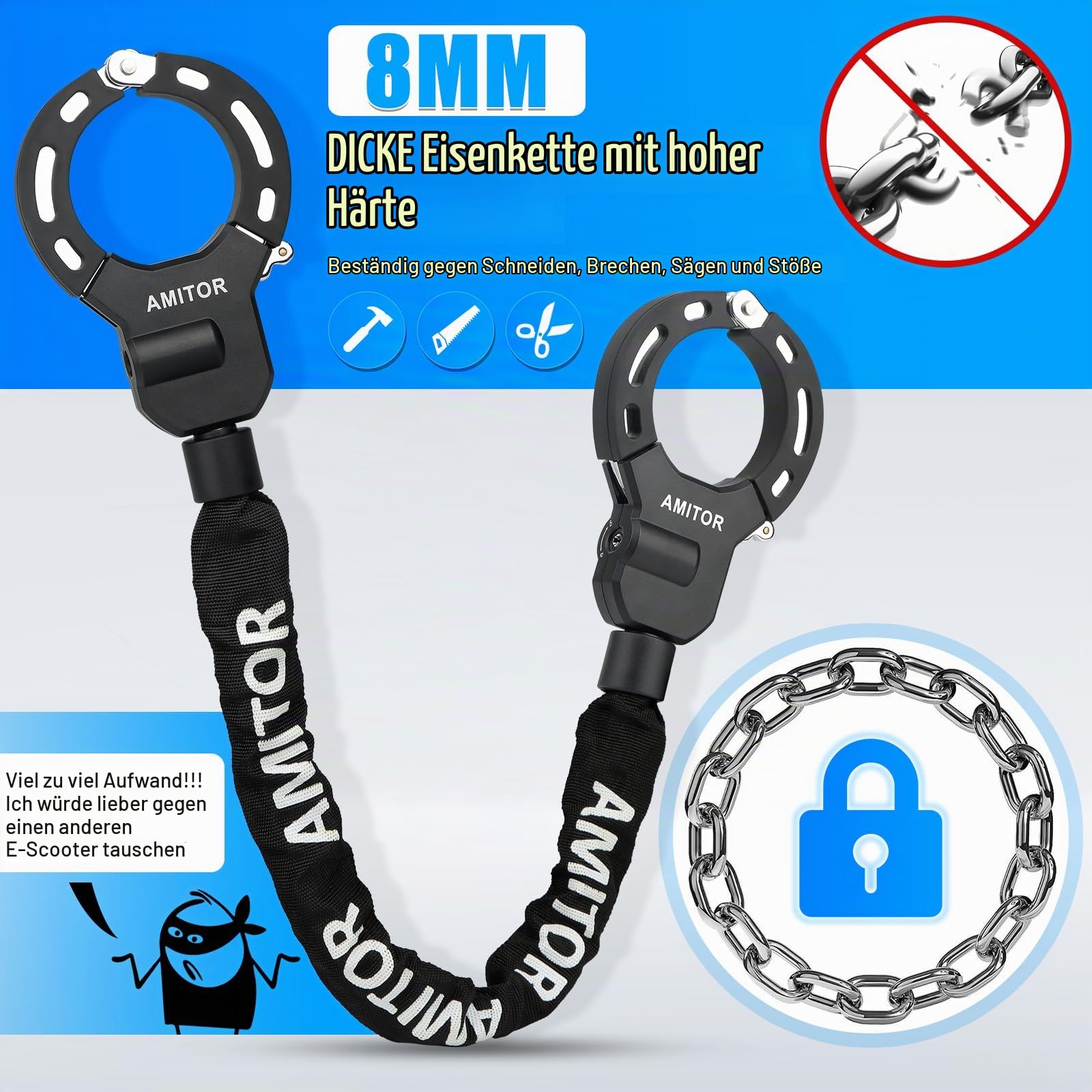 Handschellenschloss E Scooter Schloss mit Tasche 3L Leicht für Xiaomi Segway Ninebot, 8MM Anti-Diebstahlkette Schloss für E Scooter Fahrrad E-Bike, mit Silikonschutz & Unzerstörbarem Schlüssel