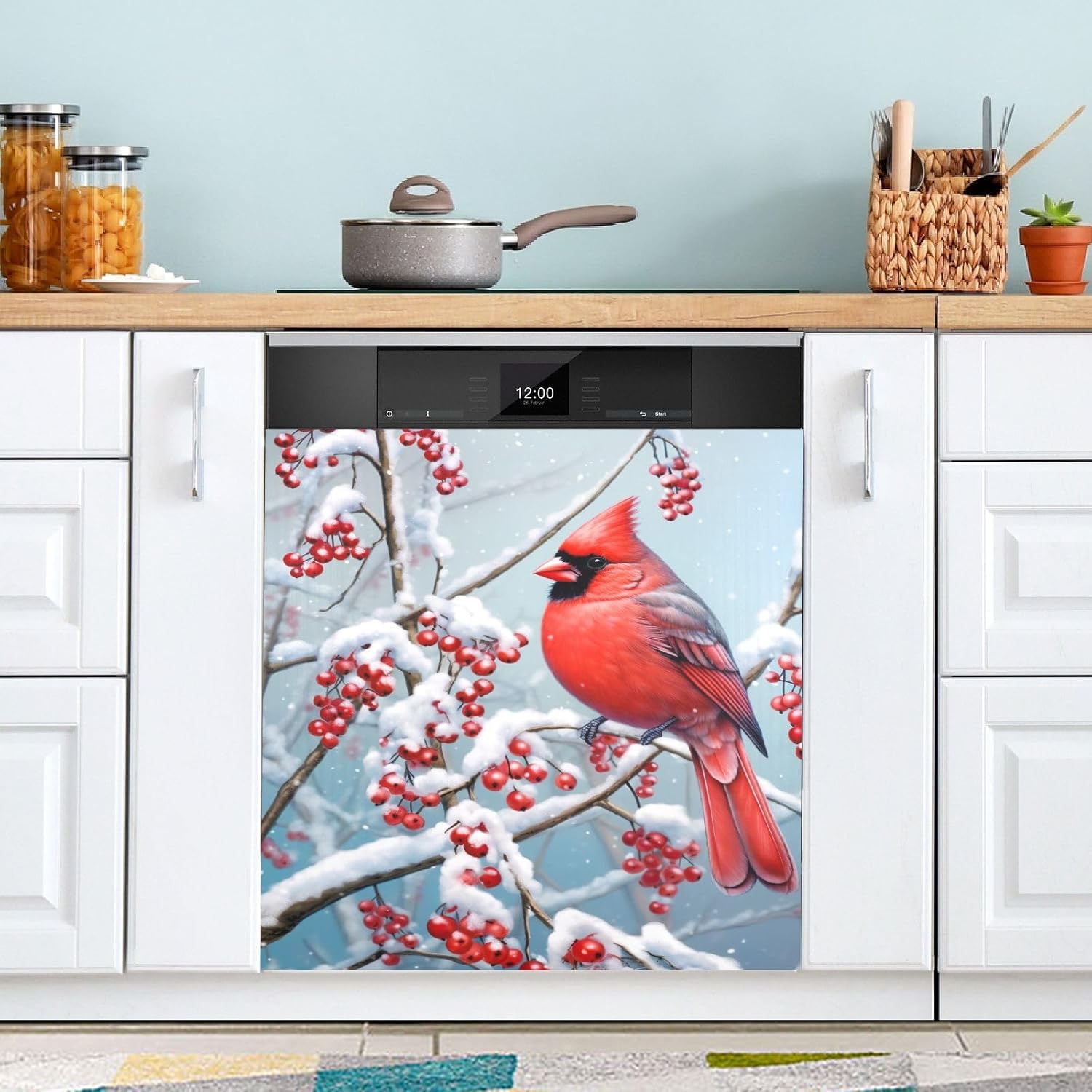 Blueangle Cardinal Bird Dishwasher Magnet Cover, Front Dishwasher Cover Decoration, Home Cabinet Decals Appliances Stickers, Magnetic Sticker Christmas Decorative