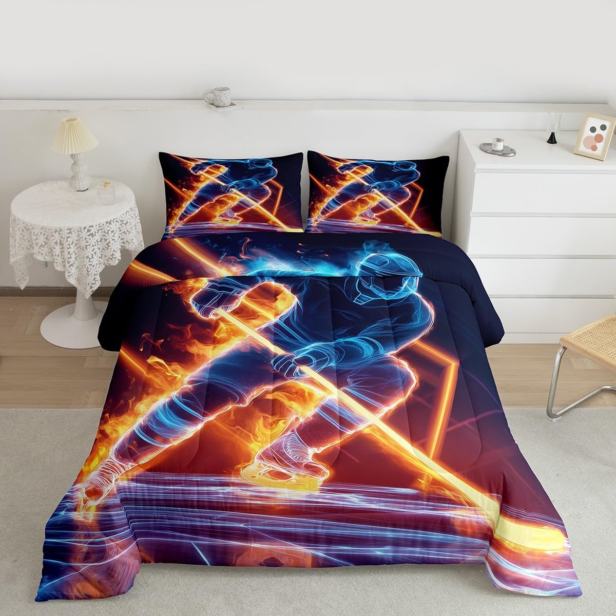 Erosebridal Hockey Comforter Set 3Pcs for Kids Boys Teens - Ice Sports Down Comforter Queen Size With Burning Puck Ball Decor - Bedding Set With Player Winter Sport Game Duvet