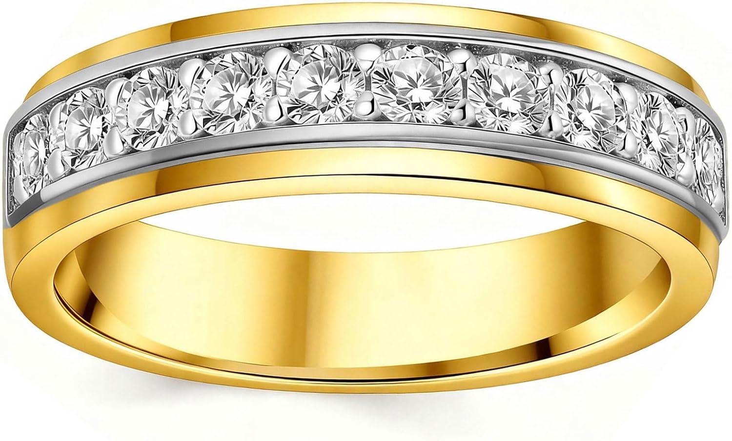 Men 1ct CZ Band 14K White & Yellow Two-Tone Gold Plated Ring Size | 14k White Gold & Silver Plated,White Brilliant Stone,Wedding,Engagement Anniversary & Gift,Smooth Polished Inner, Sz7-14
