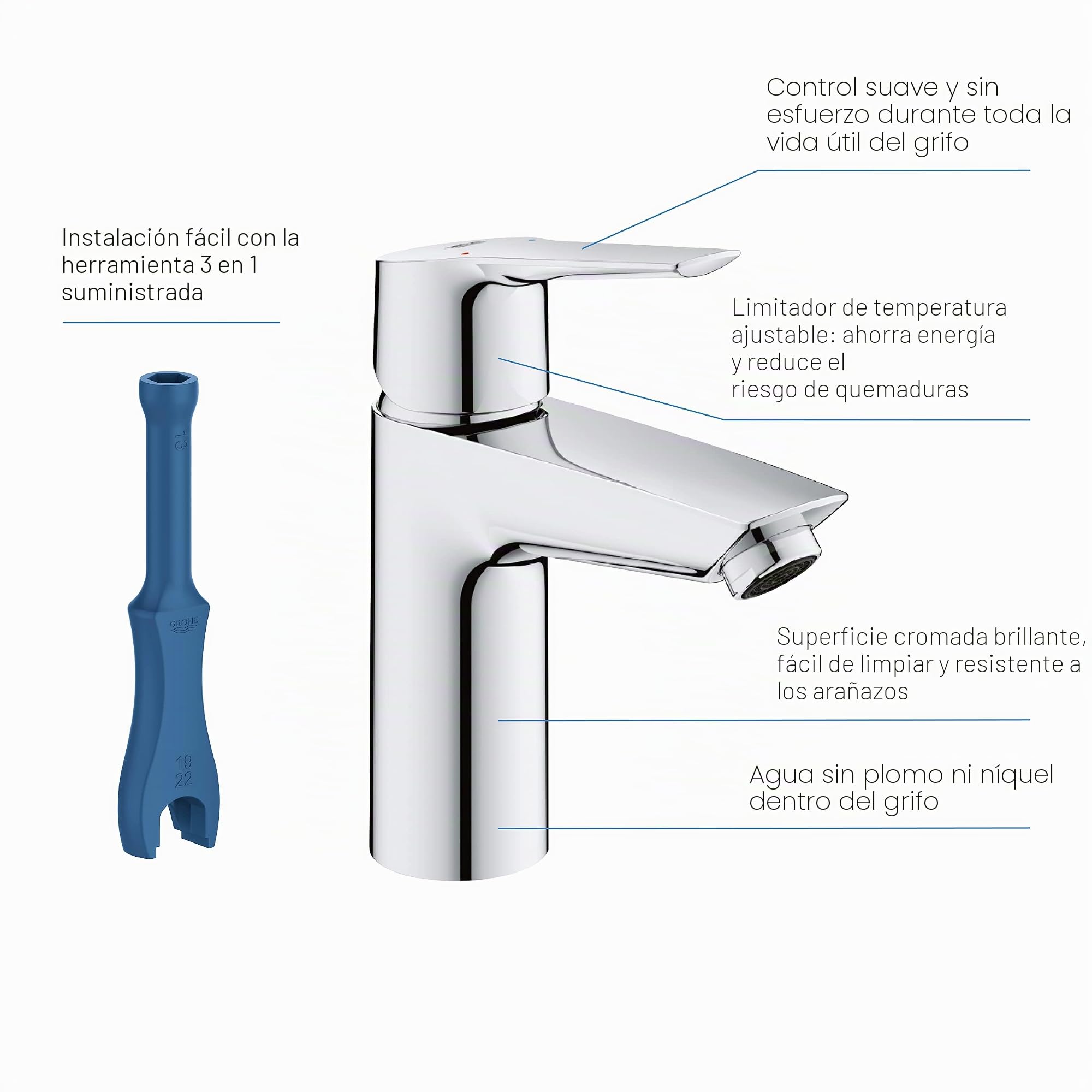 Grohe Start QuickFix- Grifo de lavabo monomando M (vaciador automático, menor consumo de agua, instalación rápida, altura 165mm), cromo, 24166003