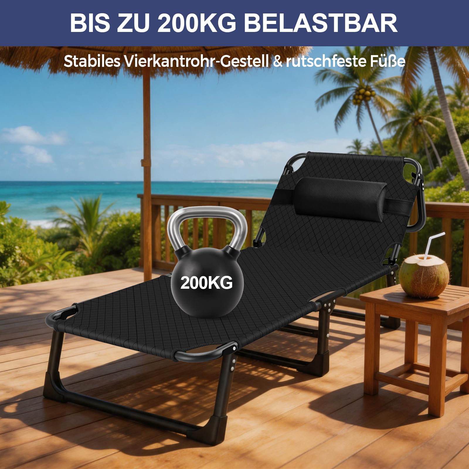 Feldbett Klappbar XXL mit Matratze, Ultra Breit Campingbett bis 230kg belastbar aus 1200D Oxford-Gewebe & stabilem Stahlgerüst, Sonnenliege für Camping inkl. Nackenkissen & Seitentasche