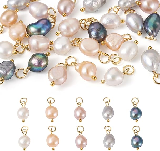 FASHEWELRY 30pcs Natural Cultured Freshwater Pearl Charms Mixed Color Potato Pearl Pendants Golden Brass Pearl Dangle Charms for Earring Bracelet Necklace DIY Jewelry Making