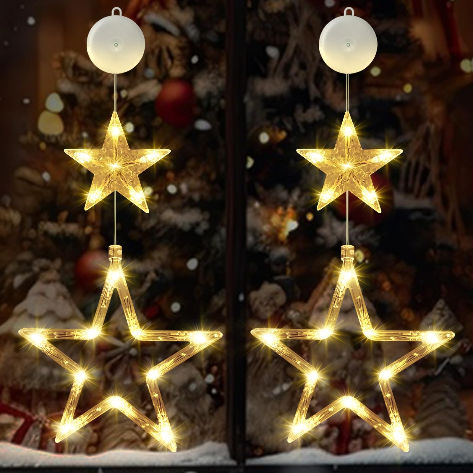 CNMTCCO LED Sterne Weihnachtsbeleuchtung, 2 Stück Weihnachtsstern Fenster Lichterkette Batteriebetriebene, Warmweiß Lichtervorhang Innen mit Timer, für Weihnachtsdeko Fest Balkon Hochzeit Party