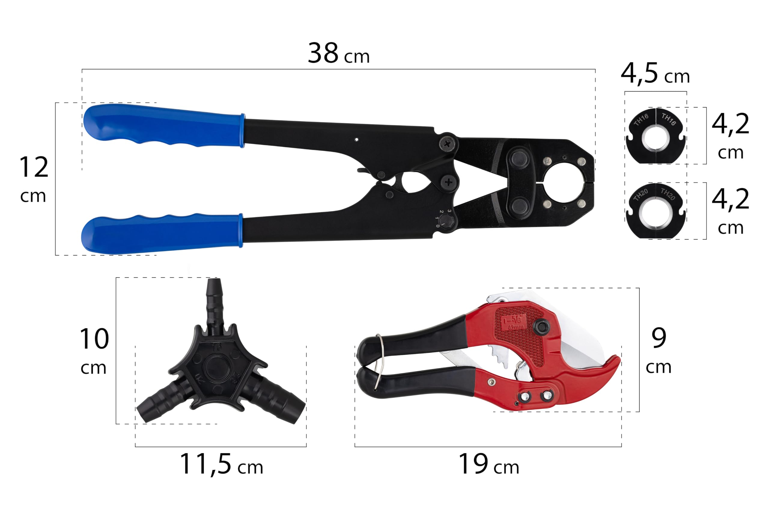 Coffret complet pour le sertissage des raccords sur tubes PER et multicouche NOYON & THIEBAULT contient 1 pince à sertir, 1 coupe tube, 1 ébavureur/calibreur, 2 inserts profil TH 16/20 mm