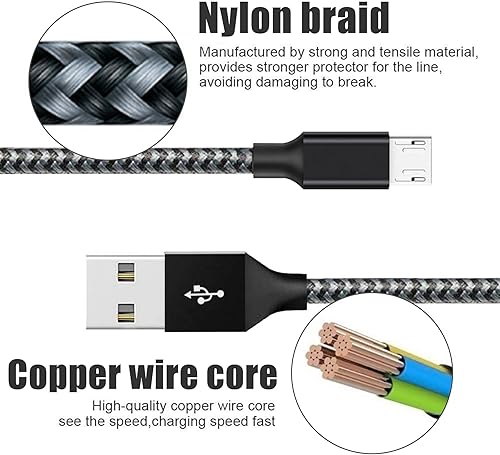 Miniatura 3 de Urehepo Cable micro USB, paquete de 3 cables de carga Android de 6.6 pies, cable de carga rápida USB trenzado de nailon compatible con Samsung