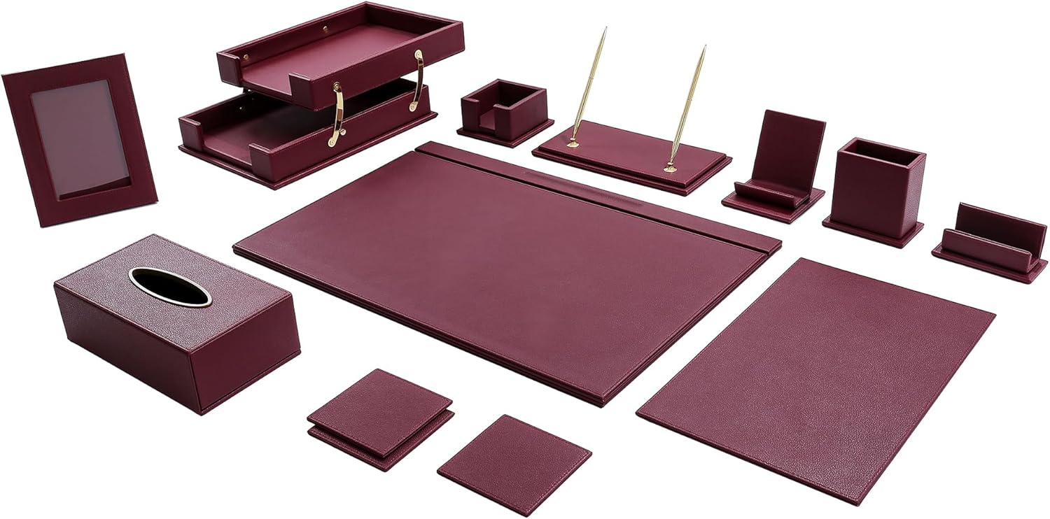 Desk Set,15-Piece Leather Desk Organizer Set, Executive Office Accessories with Desk Pad & Blotter, 2-Tier Tray, Pen Holder & More, Professional Office Desk Decor & Gift Set (Burgundy)