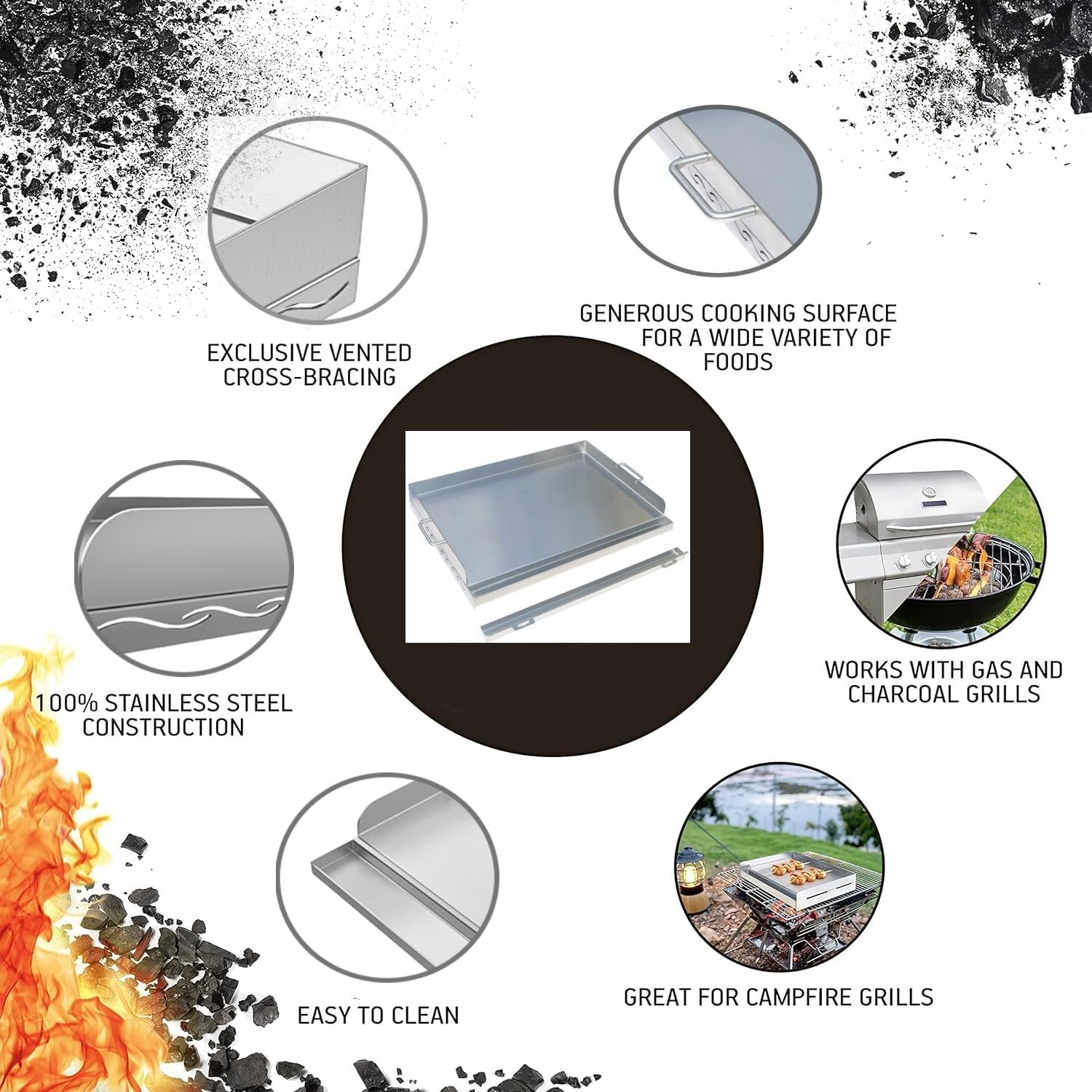 Stainless Steel Seasoning Cooking Griddle, Flat Top Plate Insert with Grease Groove and 2 Removable Handles for Gas/Charcoal Grills, Tailgating, Camping and Parties, 23" x 16"