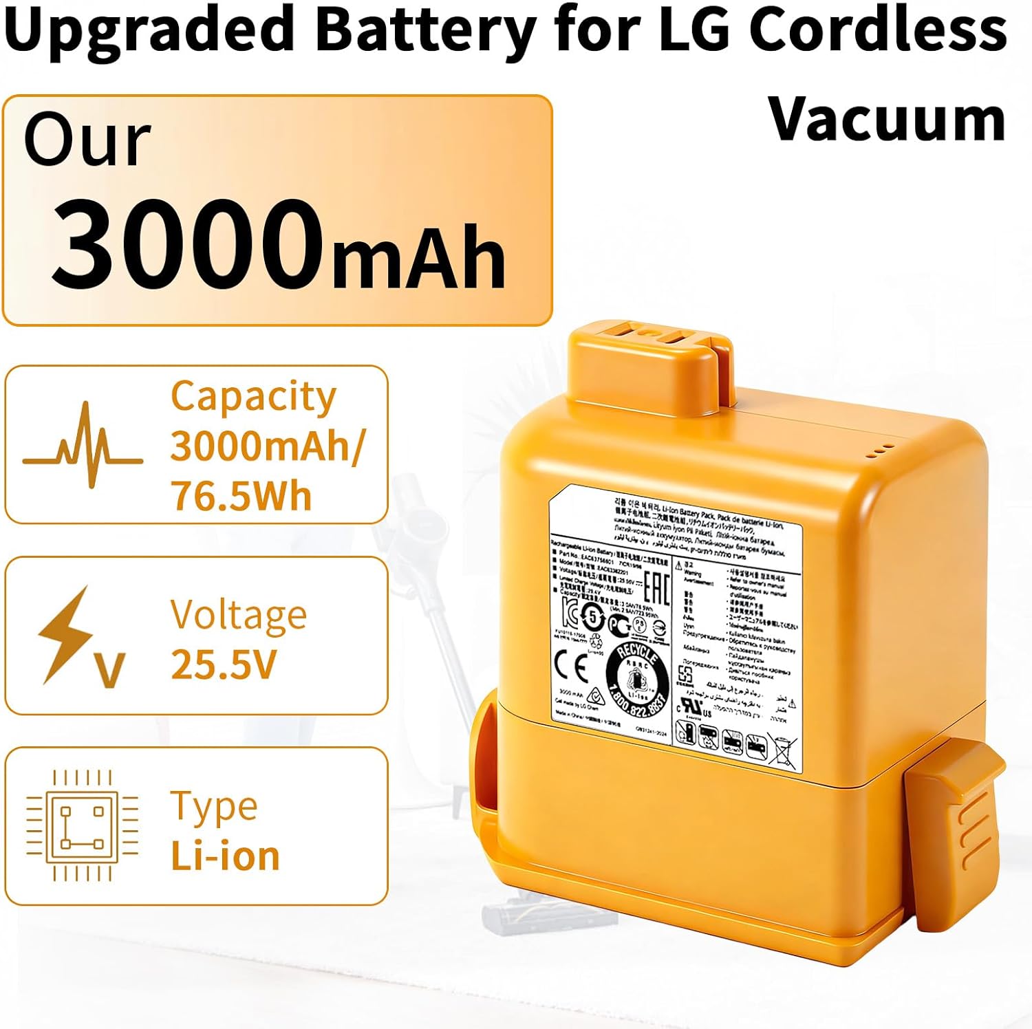 3000mAh for LG CordZero A9 Battery Compatible with A9S A9N A9M A9MAX A9MULTI A958 A958S A958SA A905M A907GMS A927 A929KVM A916 A905RM A908MVR, Part No. EAC63382208