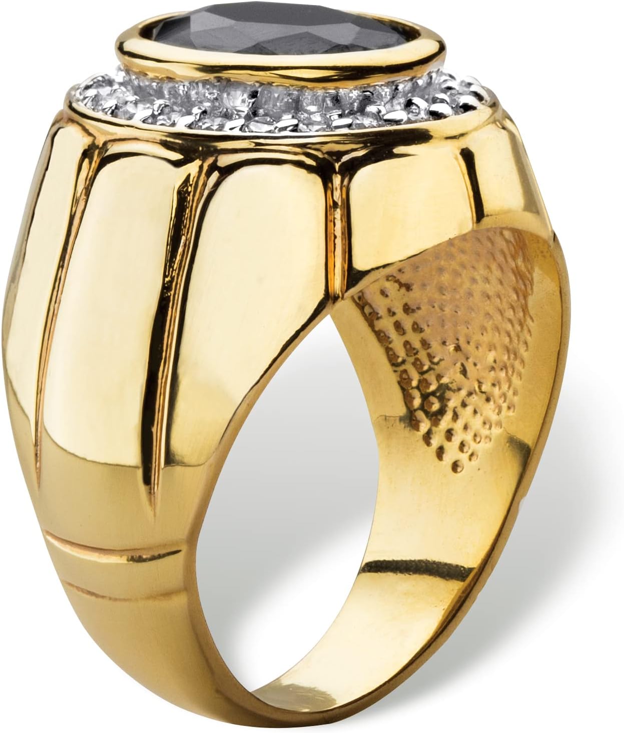 PalmBeach Men's Yellow Gold-Plated Oval Cut Black Cubic Zirconia Bezel Set Halo Ring Sizes 8-13