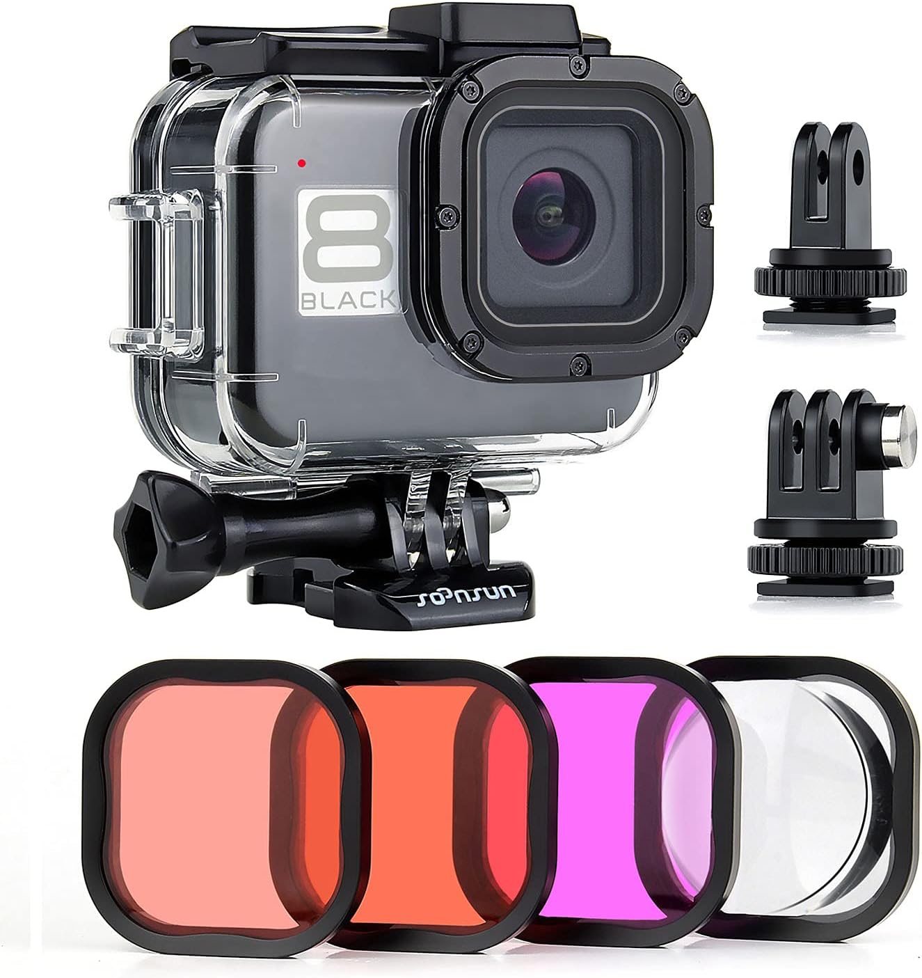 SOONSUN Waterproof Housing Case for GoPro Hero 8 Black with 4-Pack Diving Filter - 60M Underwater Diving Housing Built-in Dual Cold Shoe Slots with Red, Light Red, Magenta and 5X Macro Filter