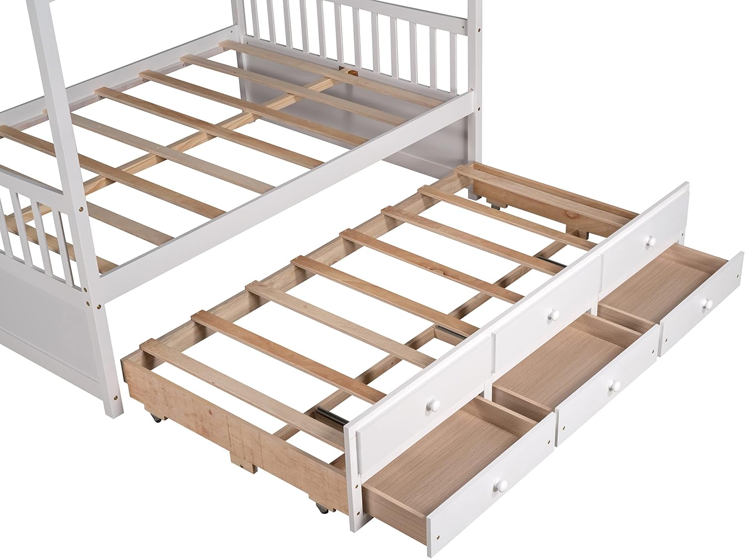 Close-up view of the trundle bed and storage drawers pulled out